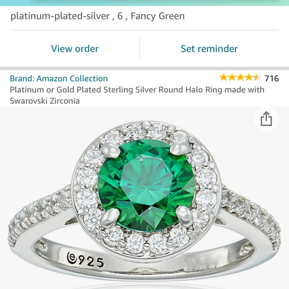 Platinum plated silver green gem halo ring- size 6